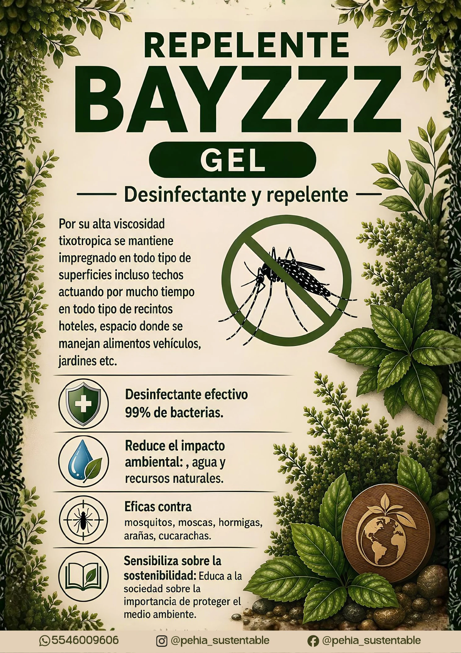 Ficha de Repelente Bayzzz Gel, desinfectante y repelente.