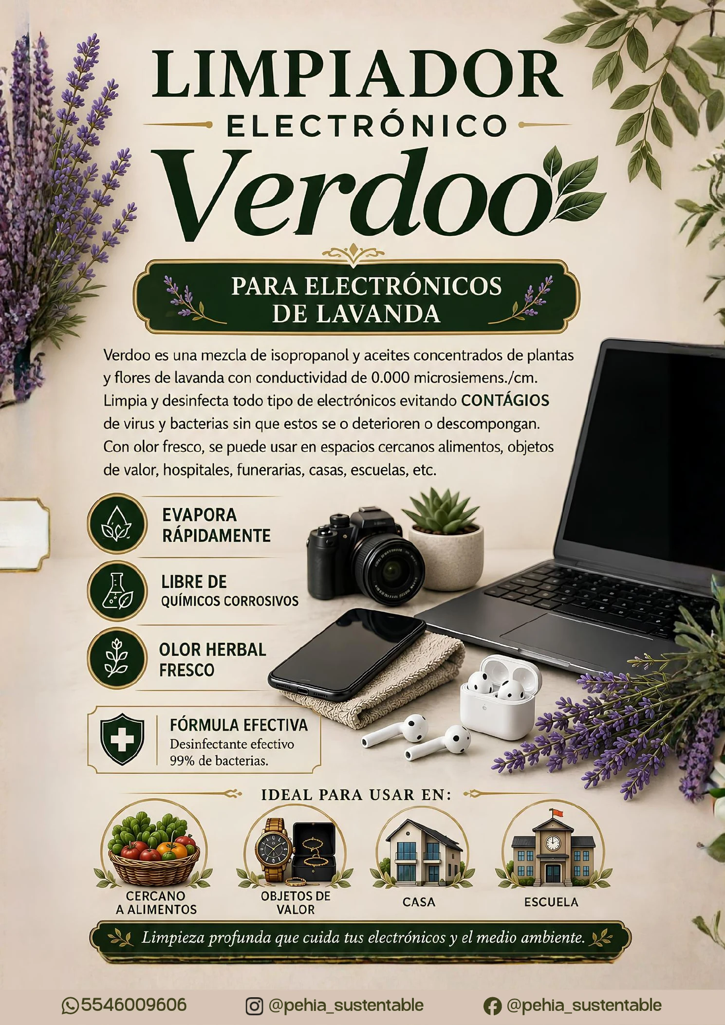 Ficha de Verdoo, limpiador para electrónicos de lavanda.